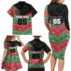 Custom Rabbitohs Family Matching Long Sleeve Bodycon Dress and Hawaiian Shirt Rabbit Mascot With Aboriginal Indigenous
