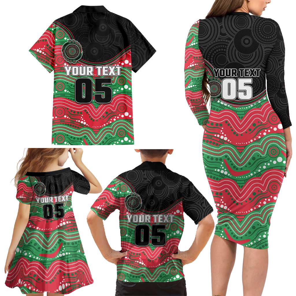 Custom Rabbitohs Family Matching Long Sleeve Bodycon Dress and Hawaiian Shirt Rabbit Mascot With Aboriginal Indigenous