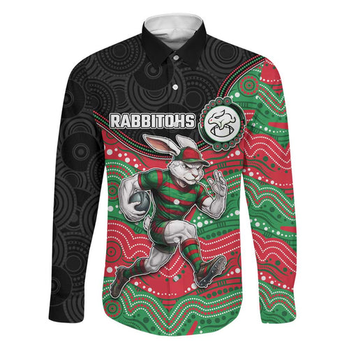 Custom Rabbitohs Family Matching Long Sleeve Bodycon Dress and Hawaiian Shirt Rabbit Mascot With Aboriginal Indigenous