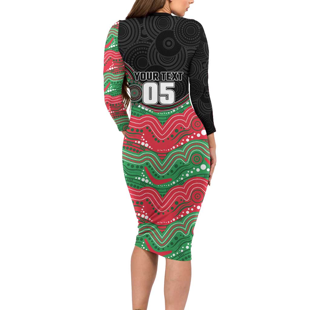 Custom Rabbitohs Family Matching Long Sleeve Bodycon Dress and Hawaiian Shirt Rabbit Mascot With Aboriginal Indigenous