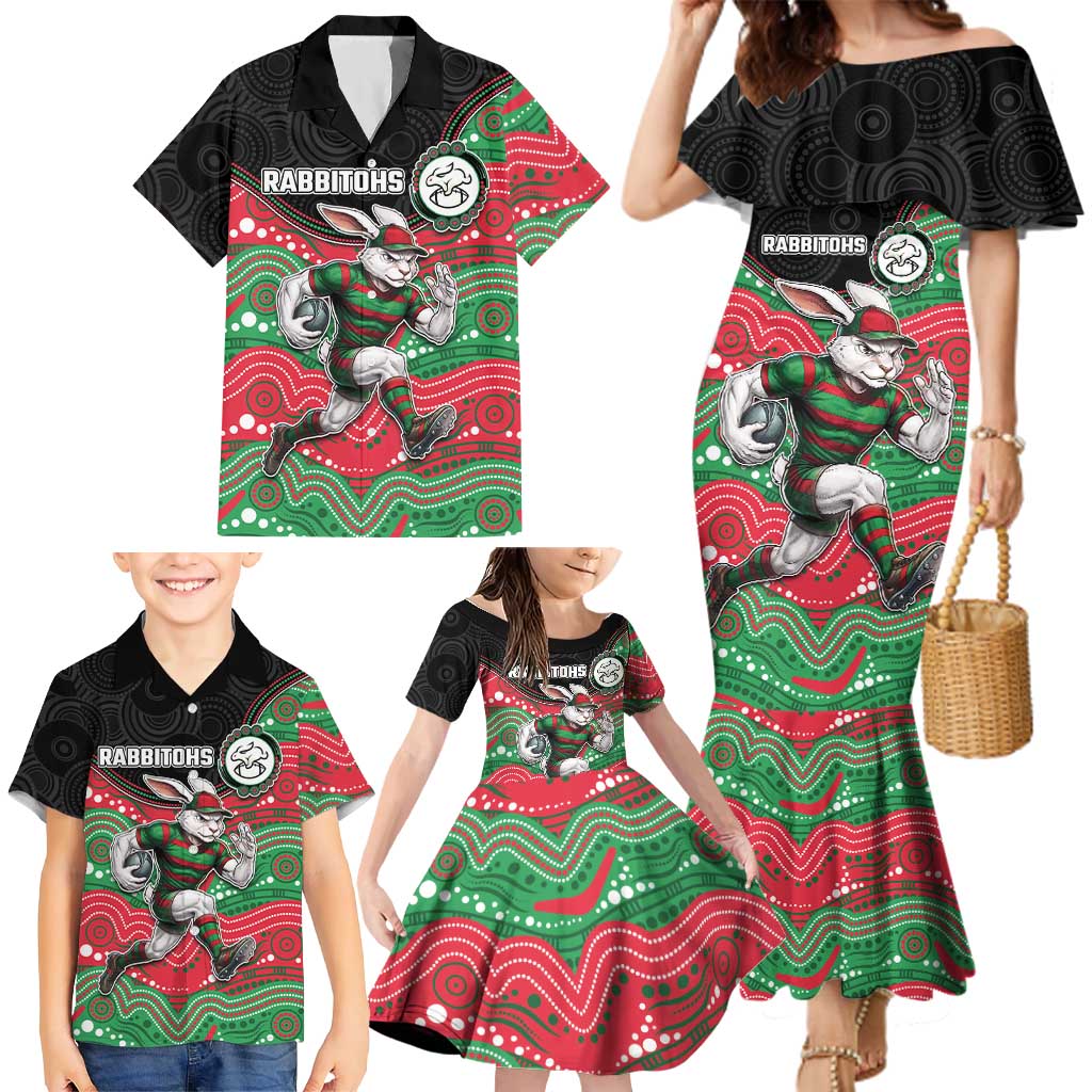 Custom Rabbitohs Family Matching Mermaid Dress and Hawaiian Shirt Rabbit Mascot With Aboriginal Indigenous