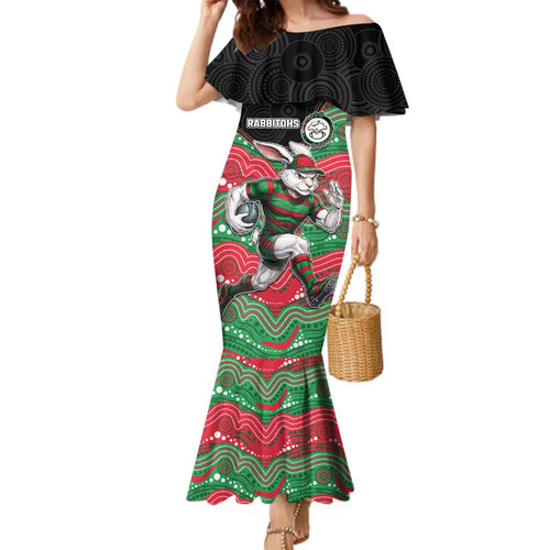 Custom Rabbitohs Family Matching Mermaid Dress and Hawaiian Shirt Rabbit Mascot With Aboriginal Indigenous