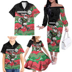 Custom Rabbitohs Family Matching Off The Shoulder Long Sleeve Dress and Hawaiian Shirt Rabbit Mascot With Aboriginal Indigenous