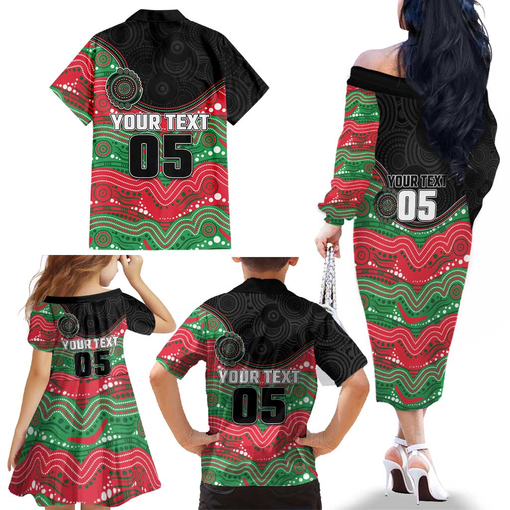 Custom Rabbitohs Family Matching Off The Shoulder Long Sleeve Dress and Hawaiian Shirt Rabbit Mascot With Aboriginal Indigenous