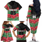Custom Rabbitohs Family Matching Off The Shoulder Long Sleeve Dress and Hawaiian Shirt Rabbit Mascot With Aboriginal Indigenous
