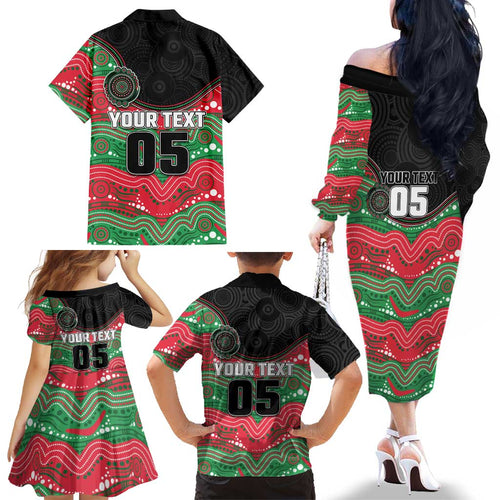 Custom Rabbitohs Family Matching Off The Shoulder Long Sleeve Dress and Hawaiian Shirt Rabbit Mascot With Aboriginal Indigenous