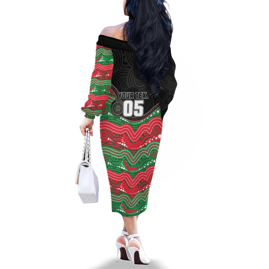 Custom Rabbitohs Family Matching Off The Shoulder Long Sleeve Dress and Hawaiian Shirt Rabbit Mascot With Aboriginal Indigenous