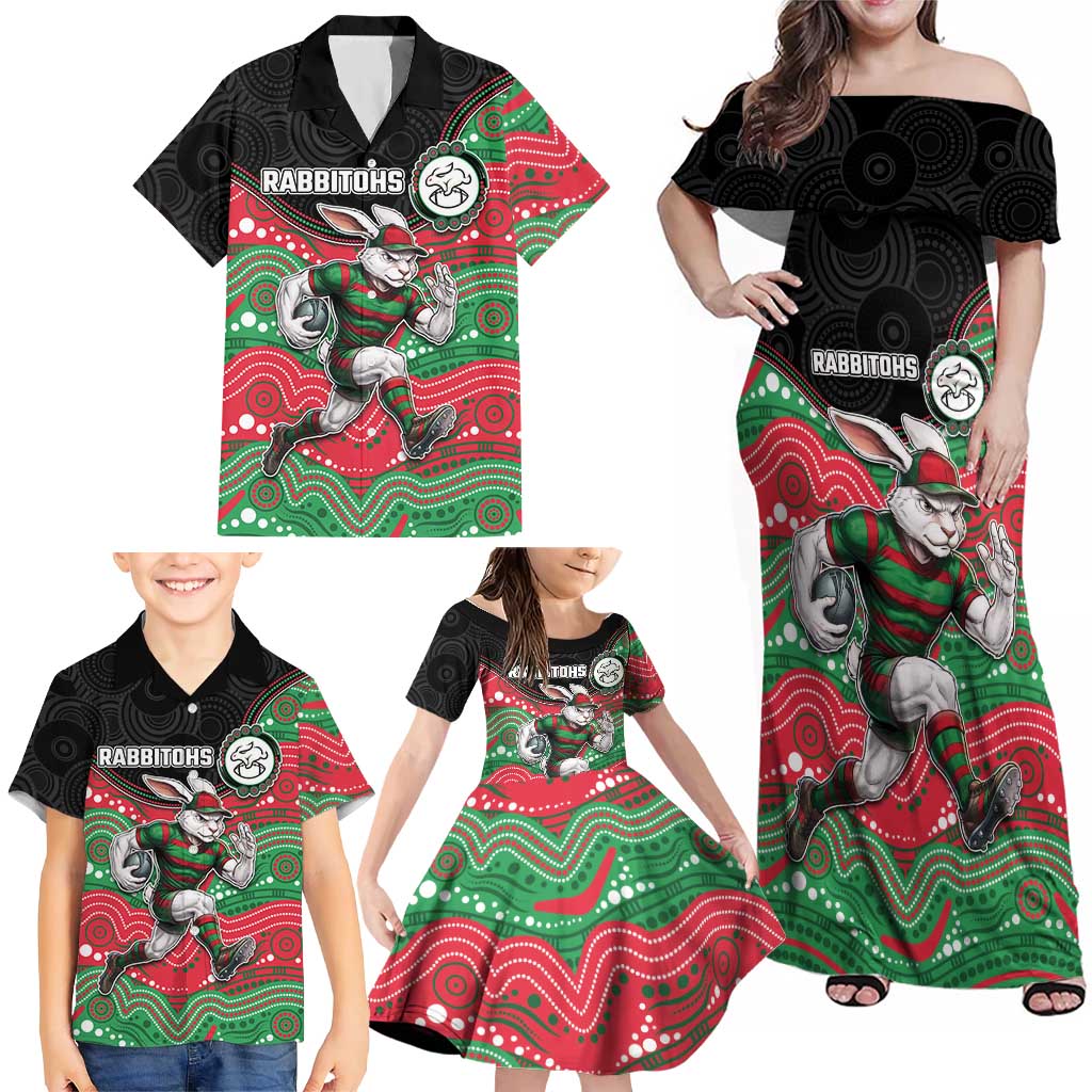 Custom Rabbitohs Family Matching Off Shoulder Maxi Dress and Hawaiian Shirt Rabbit Mascot With Aboriginal Indigenous