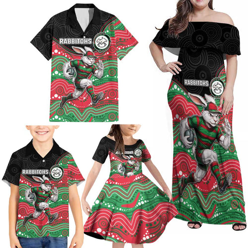 Custom Rabbitohs Family Matching Off Shoulder Maxi Dress and Hawaiian Shirt Rabbit Mascot With Aboriginal Indigenous