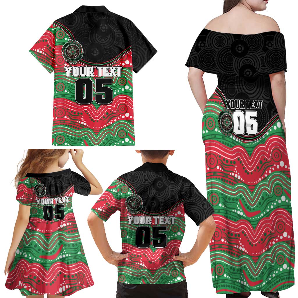 Custom Rabbitohs Family Matching Off Shoulder Maxi Dress and Hawaiian Shirt Rabbit Mascot With Aboriginal Indigenous