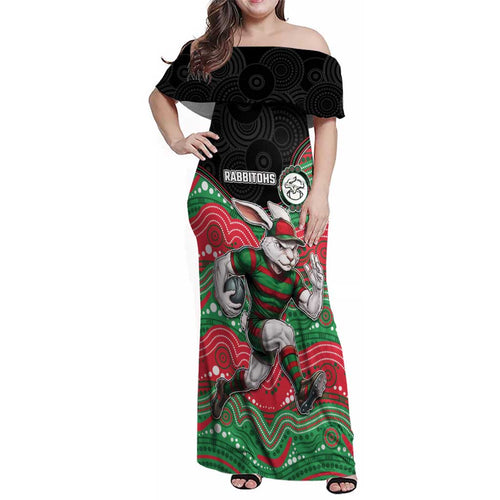 Custom Rabbitohs Family Matching Off Shoulder Maxi Dress and Hawaiian Shirt Rabbit Mascot With Aboriginal Indigenous