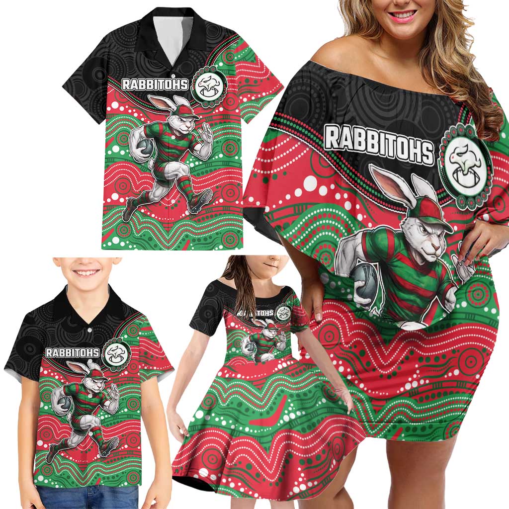 Custom Rabbitohs Family Matching Off Shoulder Short Dress and Hawaiian Shirt Rabbit Mascot With Aboriginal Indigenous