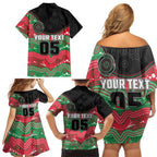 Custom Rabbitohs Family Matching Off Shoulder Short Dress and Hawaiian Shirt Rabbit Mascot With Aboriginal Indigenous