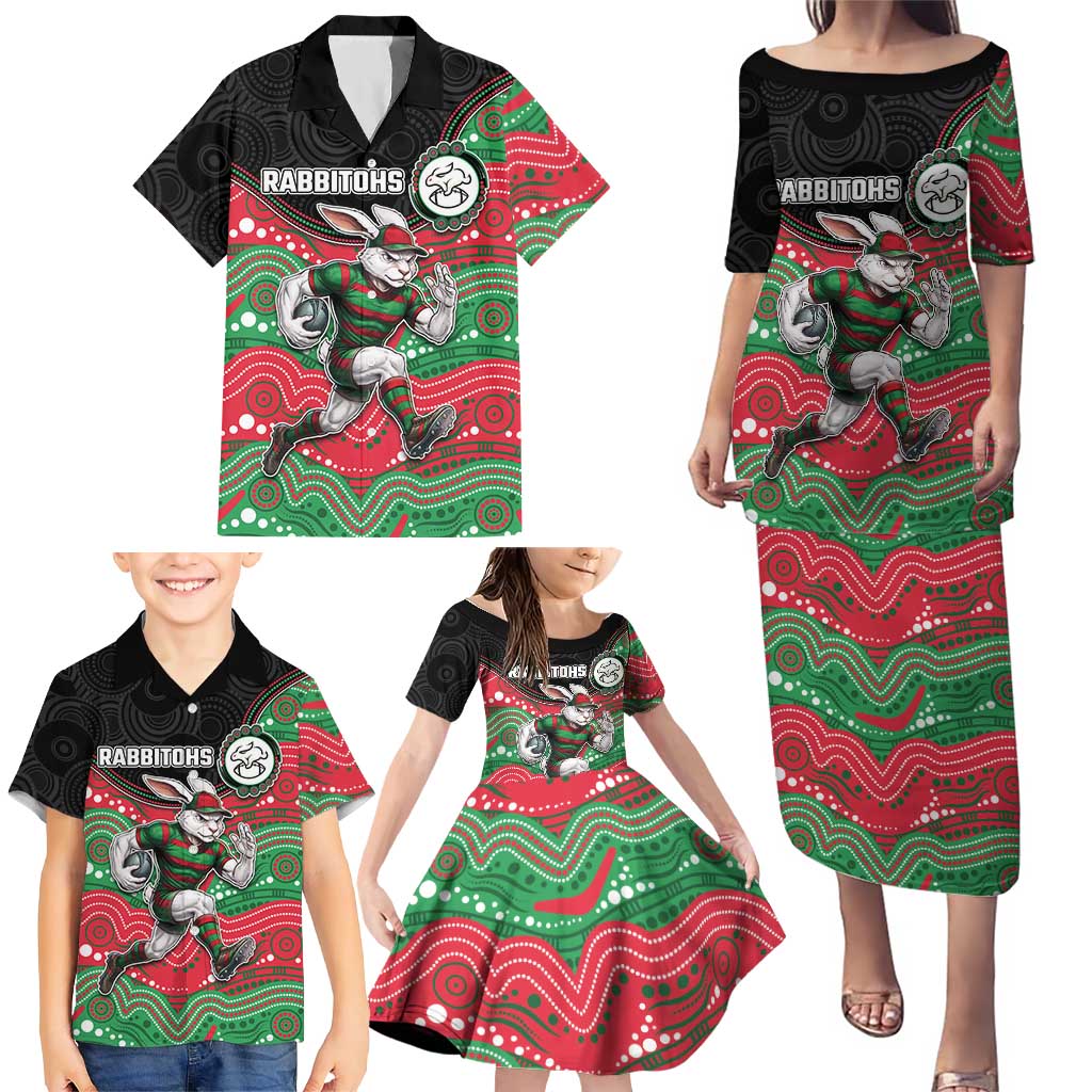 Custom Rabbitohs Family Matching Puletasi and Hawaiian Shirt Rabbit Mascot With Aboriginal Indigenous