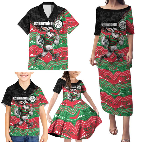 Custom Rabbitohs Family Matching Puletasi and Hawaiian Shirt Rabbit Mascot With Aboriginal Indigenous