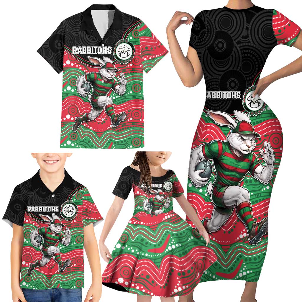 Custom Rabbitohs Family Matching Short Sleeve Bodycon Dress and Hawaiian Shirt Rabbit Mascot With Aboriginal Indigenous