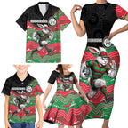 Custom Rabbitohs Family Matching Short Sleeve Bodycon Dress and Hawaiian Shirt Rabbit Mascot With Aboriginal Indigenous