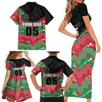 Custom Rabbitohs Family Matching Short Sleeve Bodycon Dress and Hawaiian Shirt Rabbit Mascot With Aboriginal Indigenous