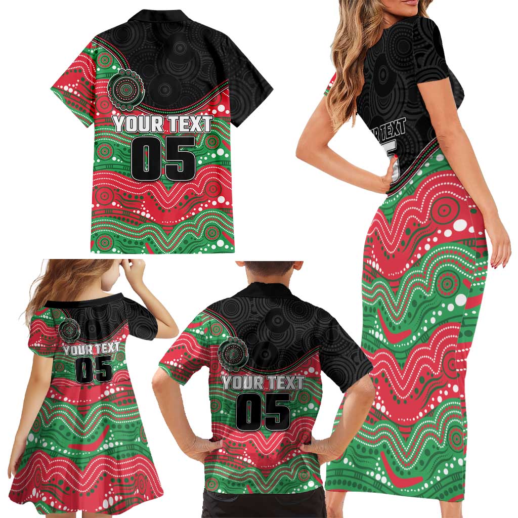 Custom Rabbitohs Family Matching Short Sleeve Bodycon Dress and Hawaiian Shirt Rabbit Mascot With Aboriginal Indigenous