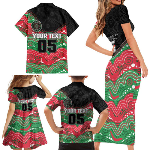 Custom Rabbitohs Family Matching Short Sleeve Bodycon Dress and Hawaiian Shirt Rabbit Mascot With Aboriginal Indigenous