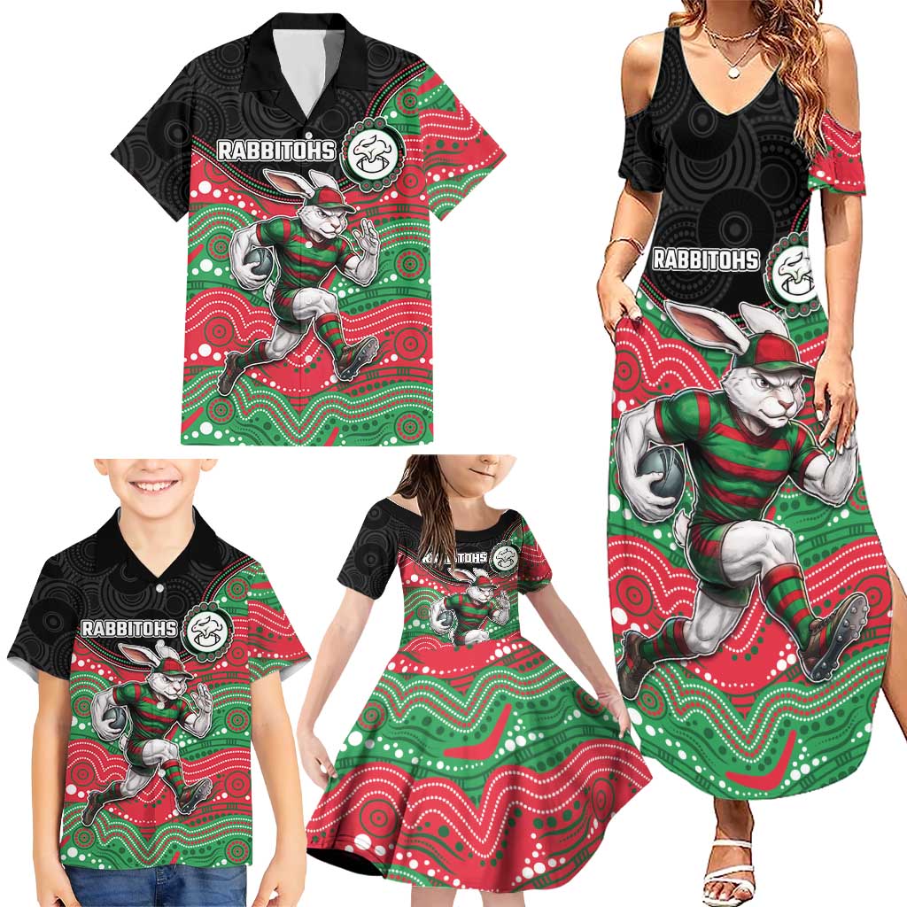 Custom Rabbitohs Family Matching Summer Maxi Dress and Hawaiian Shirt Rabbit Mascot With Aboriginal Indigenous