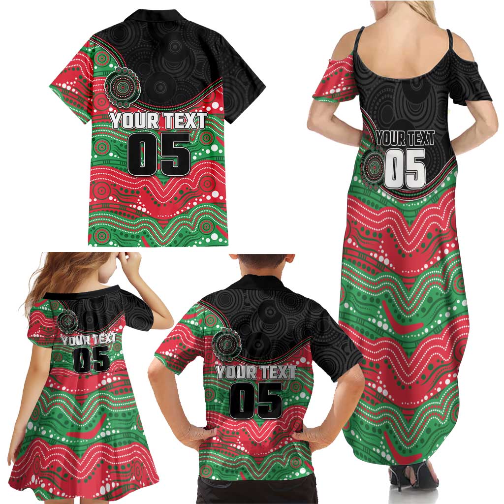 Custom Rabbitohs Family Matching Summer Maxi Dress and Hawaiian Shirt Rabbit Mascot With Aboriginal Indigenous