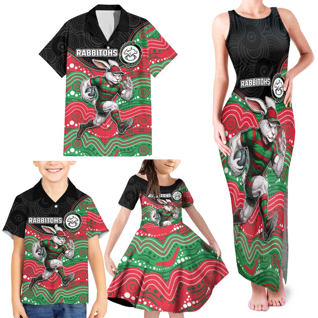 Custom Rabbitohs Family Matching Tank Maxi Dress and Hawaiian Shirt Rabbit Mascot With Aboriginal Indigenous