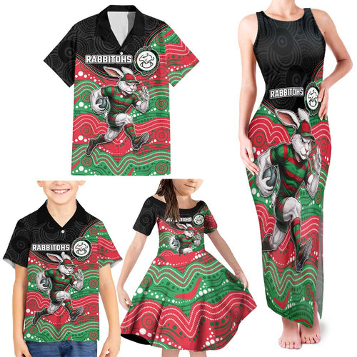 Custom Rabbitohs Family Matching Tank Maxi Dress and Hawaiian Shirt Rabbit Mascot With Aboriginal Indigenous