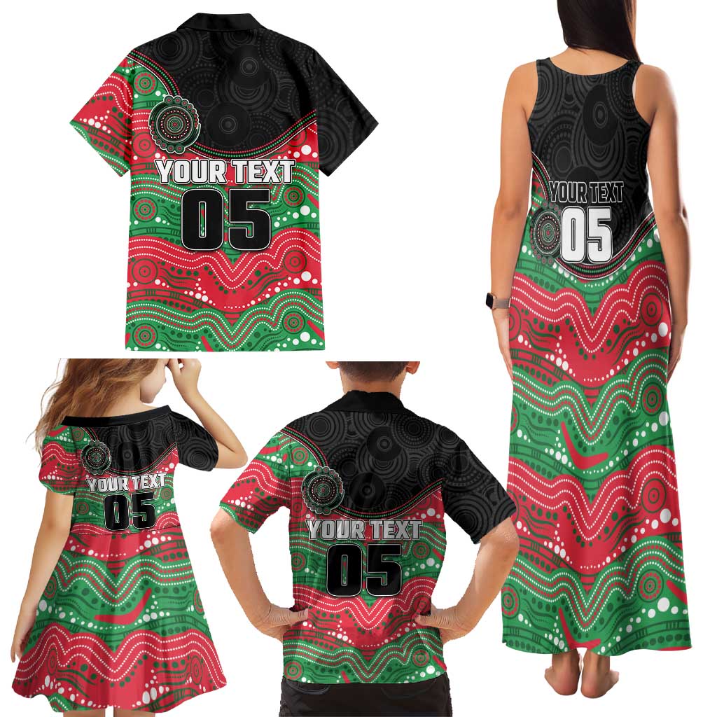 Custom Rabbitohs Family Matching Tank Maxi Dress and Hawaiian Shirt Rabbit Mascot With Aboriginal Indigenous