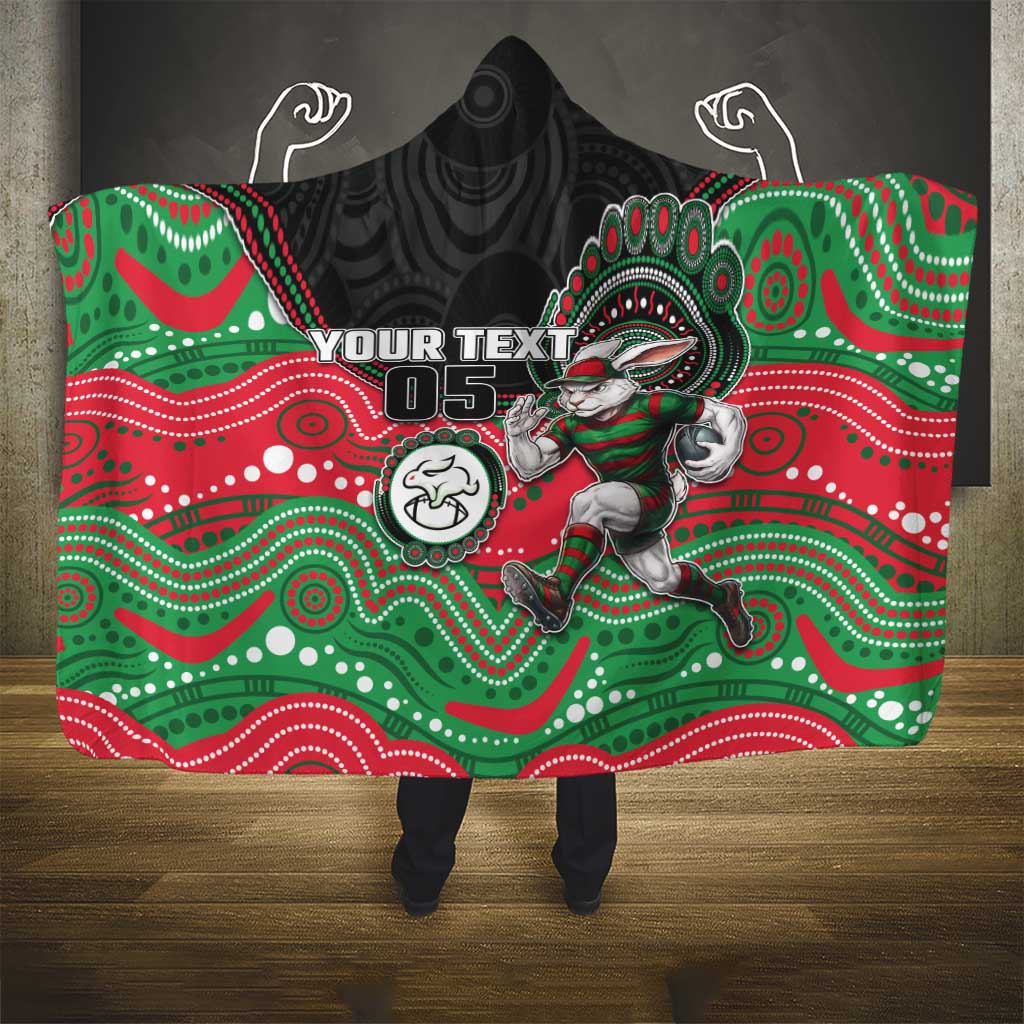 Custom Rabbitohs Hooded Blanket Rabbit Mascot With Aboriginal Indigenous