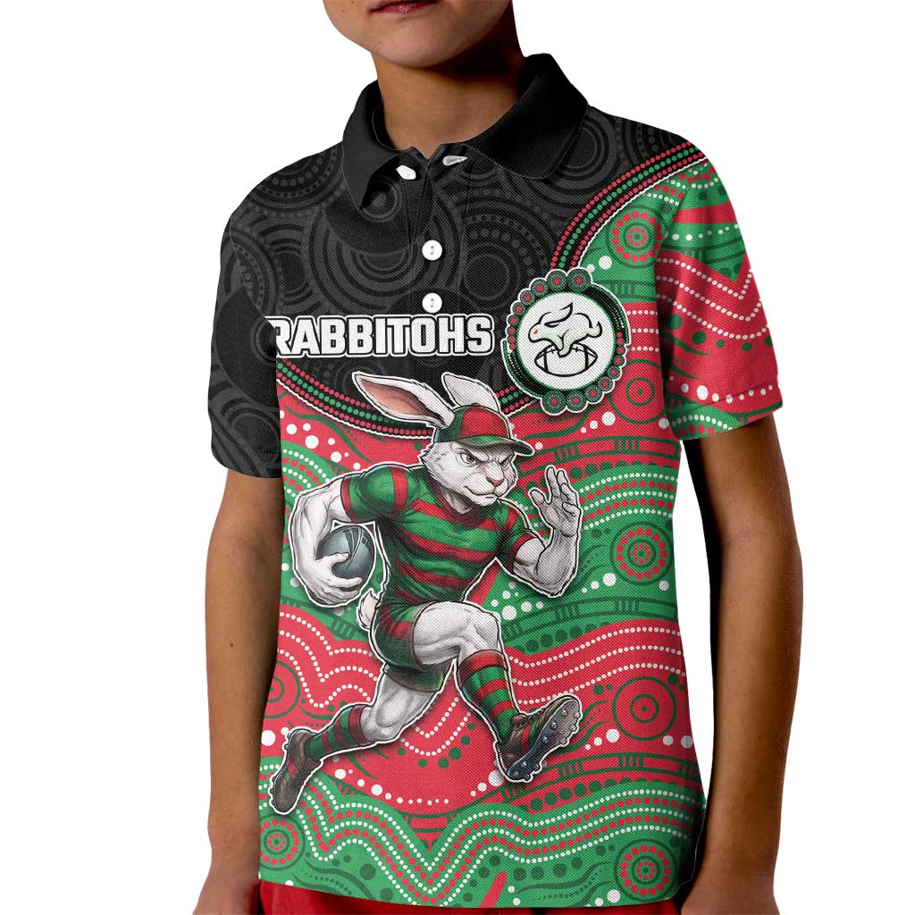 Custom Rabbitohs Kid Polo Shirt Rabbit Mascot With Aboriginal Indigenous