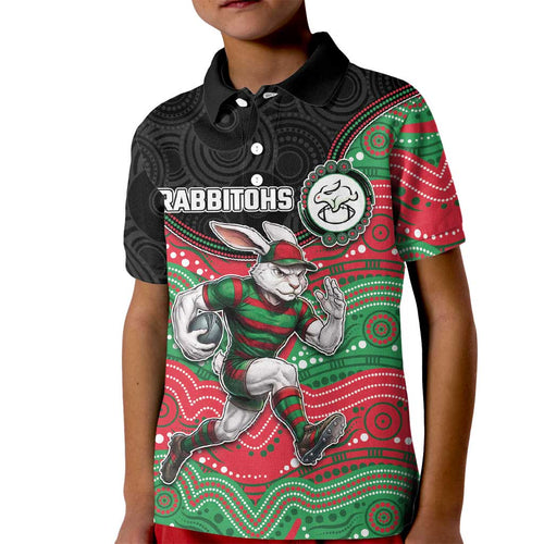 Custom Rabbitohs Kid Polo Shirt Rabbit Mascot With Aboriginal Indigenous