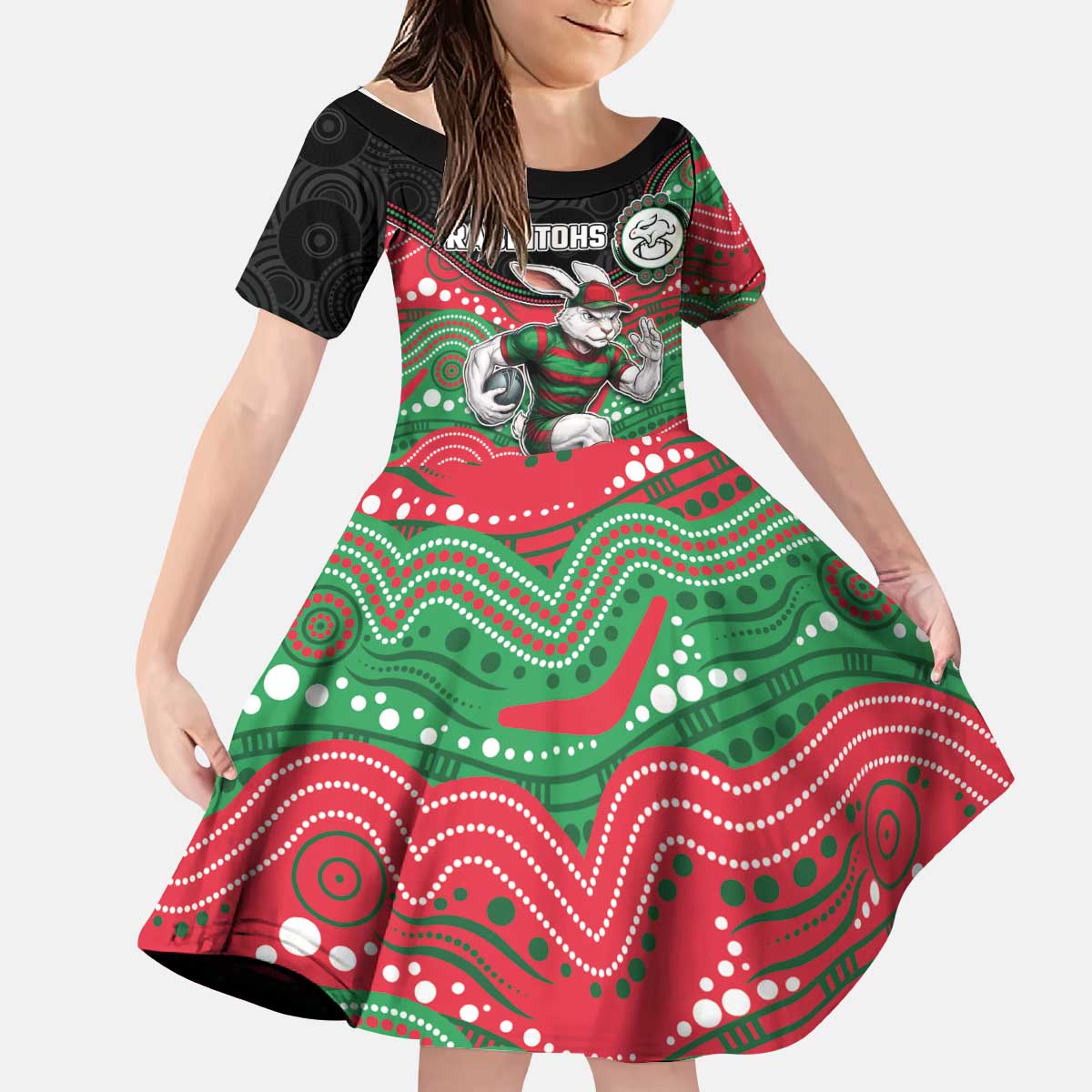 Custom Rabbitohs Kid Short Sleeve Dress Rabbit Mascot With Aboriginal Indigenous