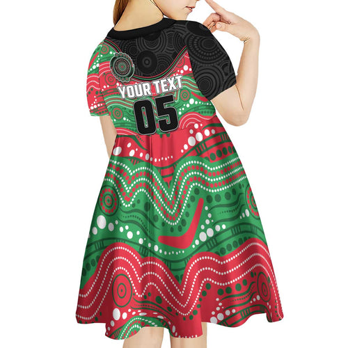 Custom Rabbitohs Kid Short Sleeve Dress Rabbit Mascot With Aboriginal Indigenous