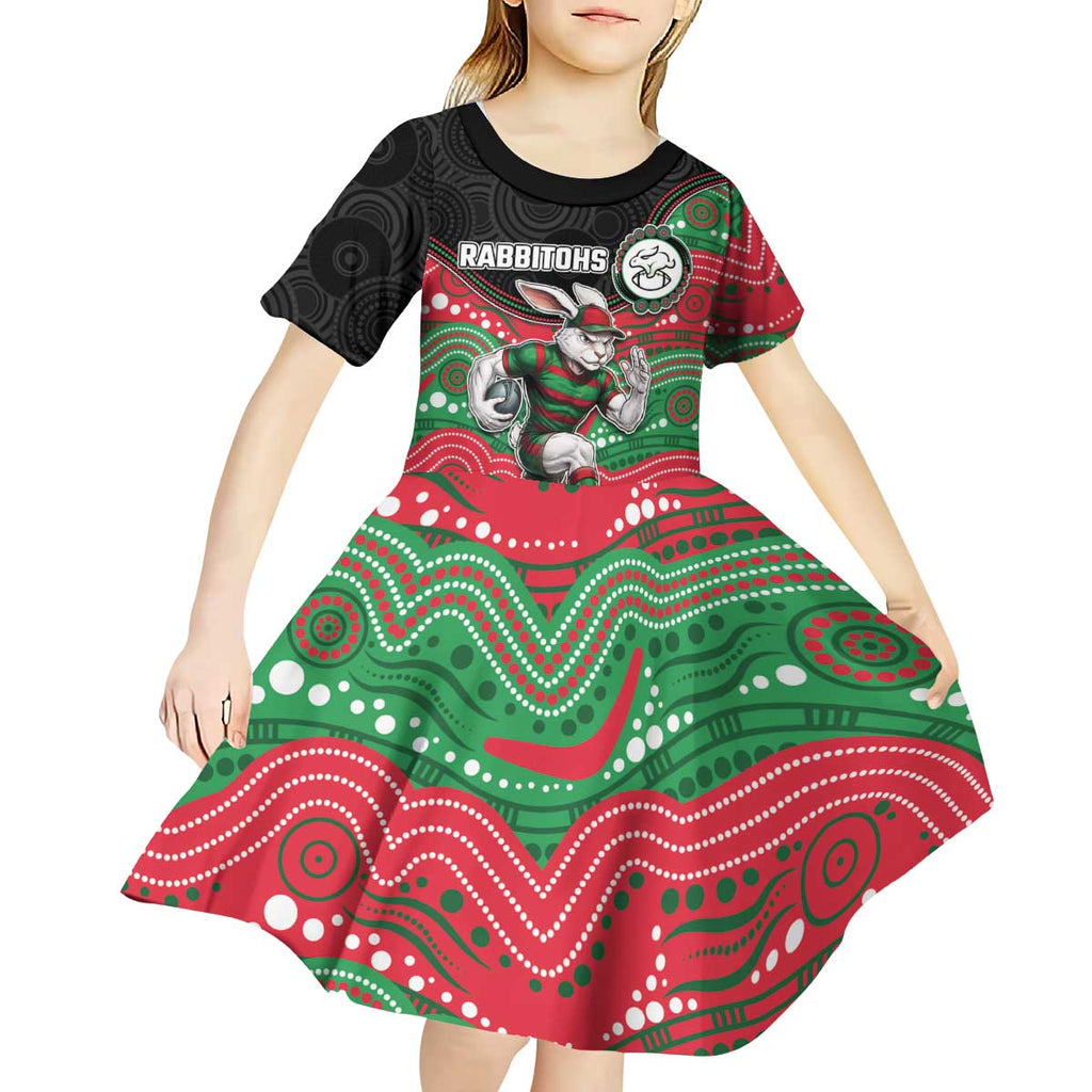Custom Rabbitohs Kid Short Sleeve Dress Rabbit Mascot With Aboriginal Indigenous