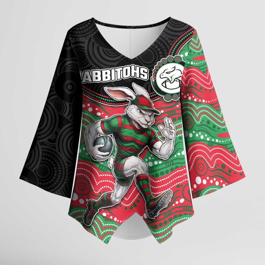 Custom Rabbitohs Kimono Sleeve Blouse Rabbit Mascot With Aboriginal Indigenous