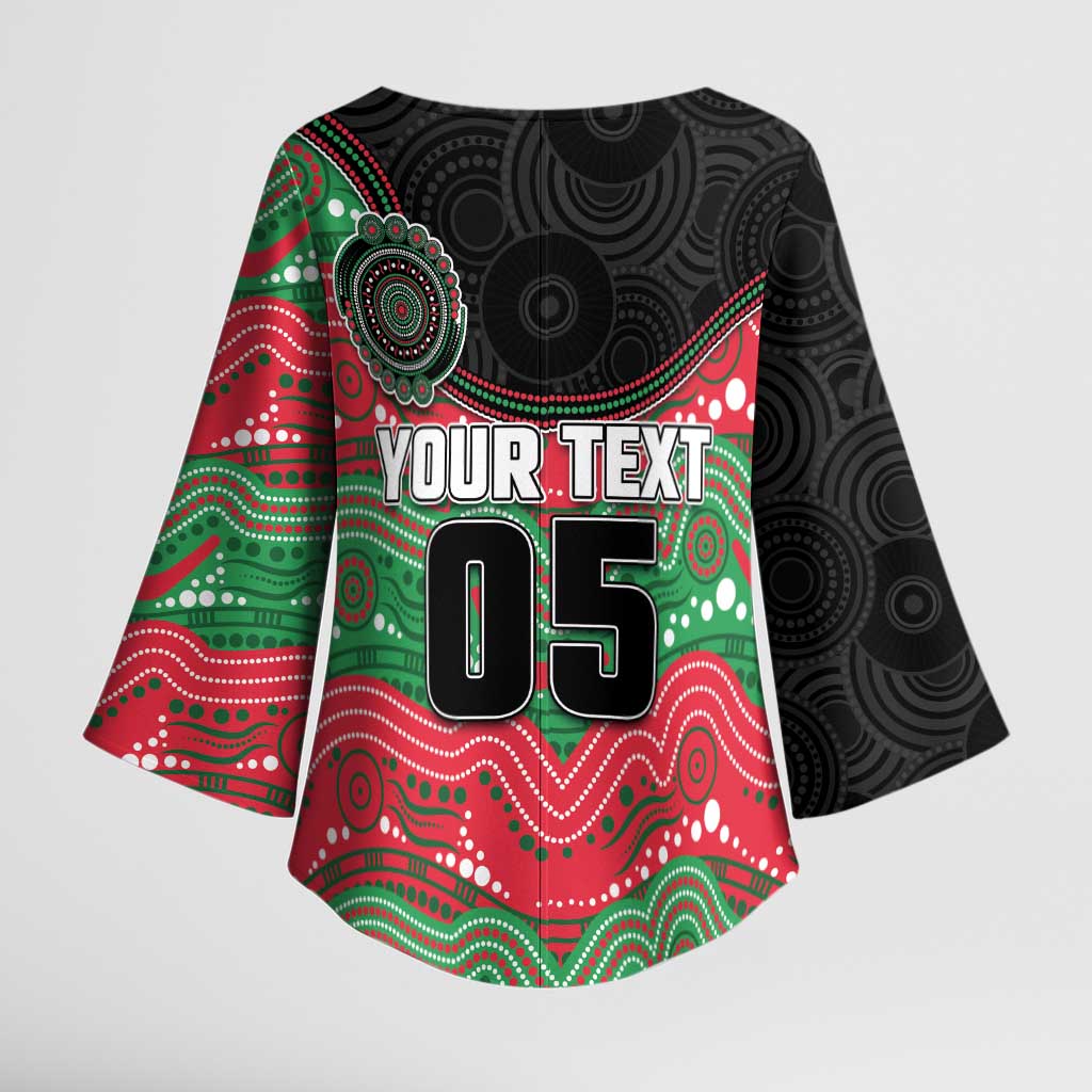 Custom Rabbitohs Kimono Sleeve Blouse Rabbit Mascot With Aboriginal Indigenous
