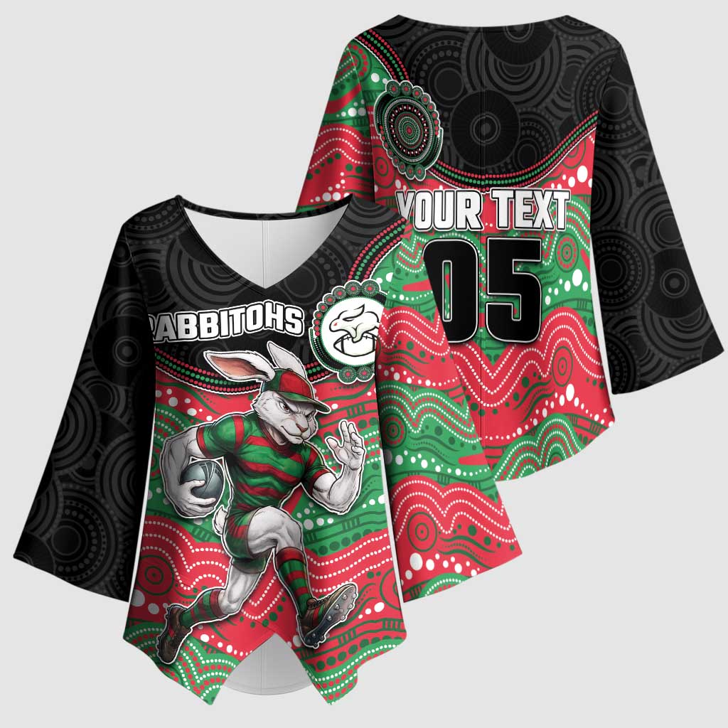 Custom Rabbitohs Kimono Sleeve Blouse Rabbit Mascot With Aboriginal Indigenous