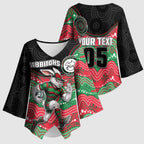 Custom Rabbitohs Kimono Sleeve Blouse Rabbit Mascot With Aboriginal Indigenous