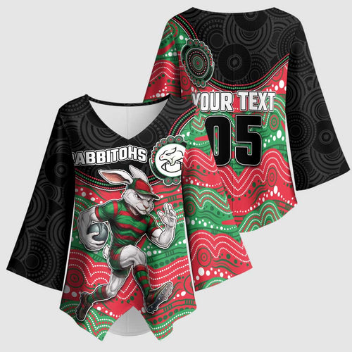 Custom Rabbitohs Kimono Sleeve Blouse Rabbit Mascot With Aboriginal Indigenous