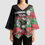 Custom Rabbitohs Kimono Sleeve Blouse Rabbit Mascot With Aboriginal Indigenous