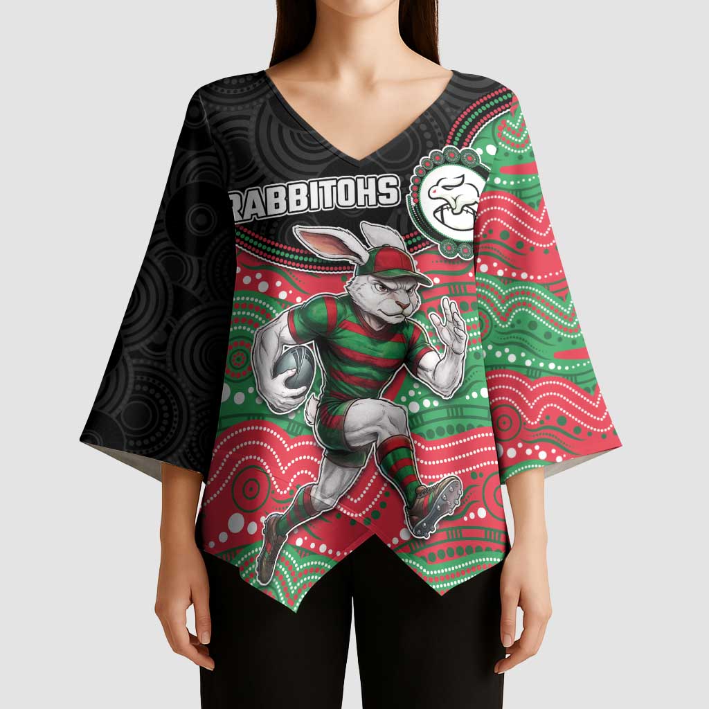 Custom Rabbitohs Kimono Sleeve Blouse Rabbit Mascot With Aboriginal Indigenous