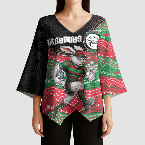 Custom Rabbitohs Kimono Sleeve Blouse Rabbit Mascot With Aboriginal Indigenous
