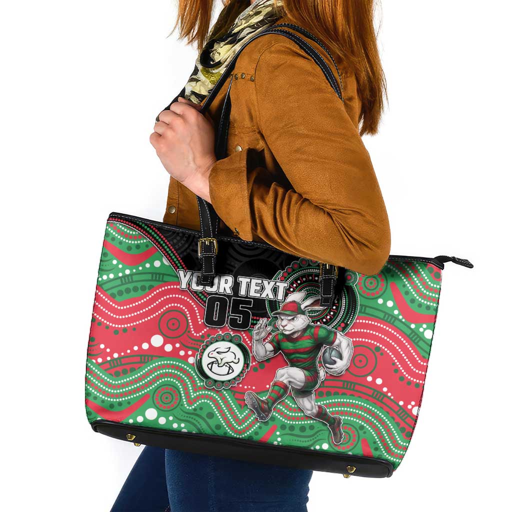 Custom Rabbitohs Leather Tote Bag Rabbit Mascot With Aboriginal Indigenous