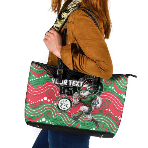 Custom Rabbitohs Leather Tote Bag Rabbit Mascot With Aboriginal Indigenous