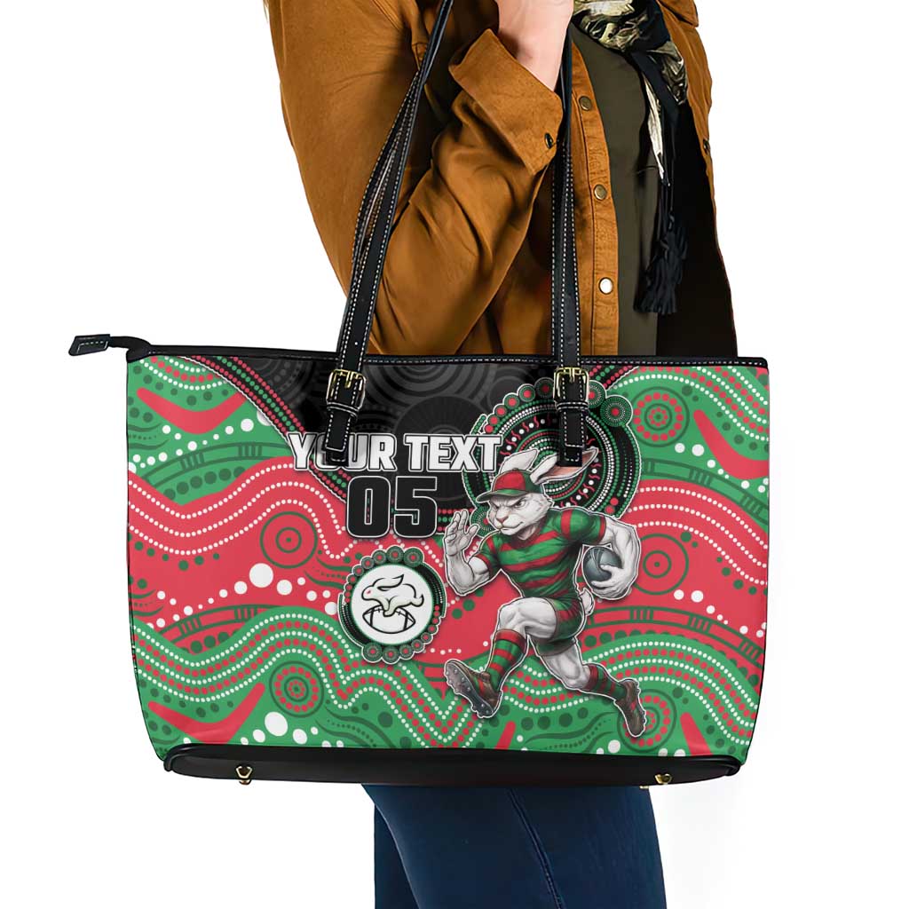 Custom Rabbitohs Leather Tote Bag Rabbit Mascot With Aboriginal Indigenous