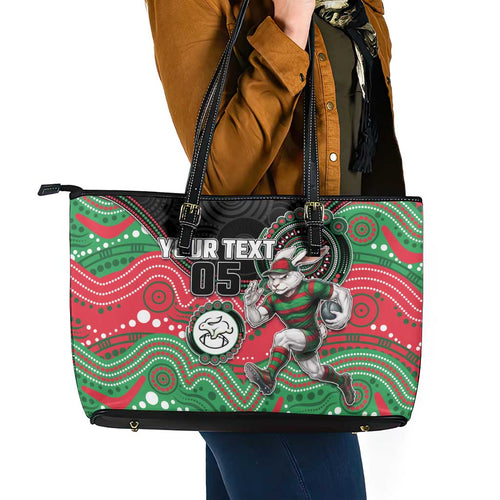 Custom Rabbitohs Leather Tote Bag Rabbit Mascot With Aboriginal Indigenous
