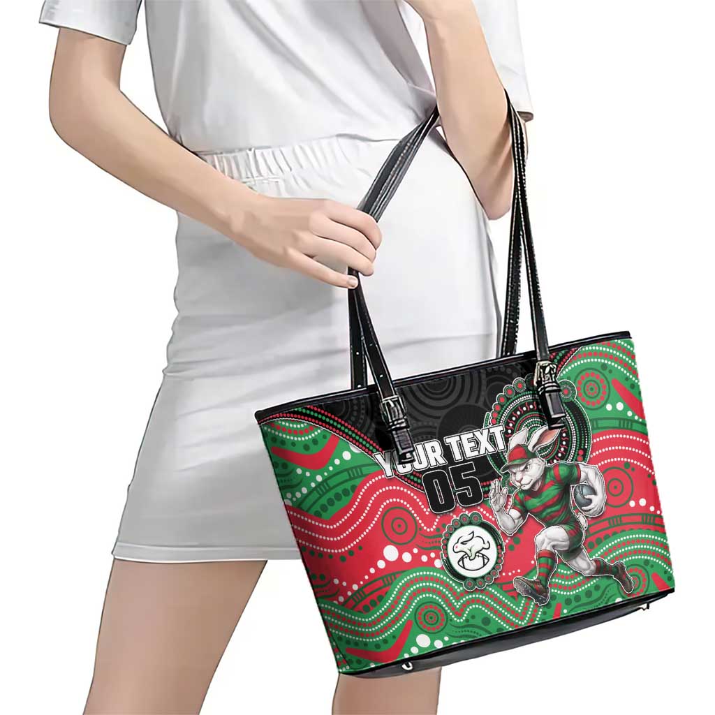 Custom Rabbitohs Leather Tote Bag Rabbit Mascot With Aboriginal Indigenous