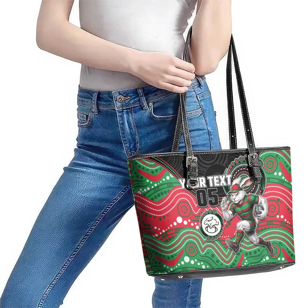 Custom Rabbitohs Leather Tote Bag Rabbit Mascot With Aboriginal Indigenous