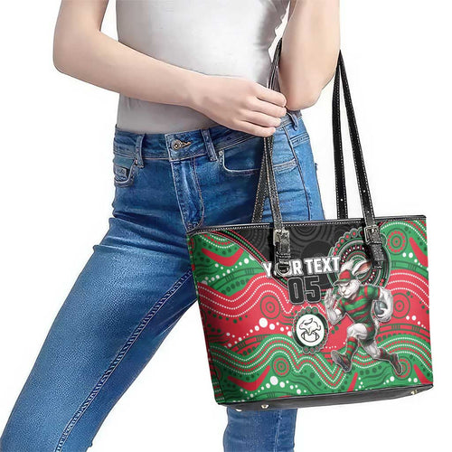Custom Rabbitohs Leather Tote Bag Rabbit Mascot With Aboriginal Indigenous
